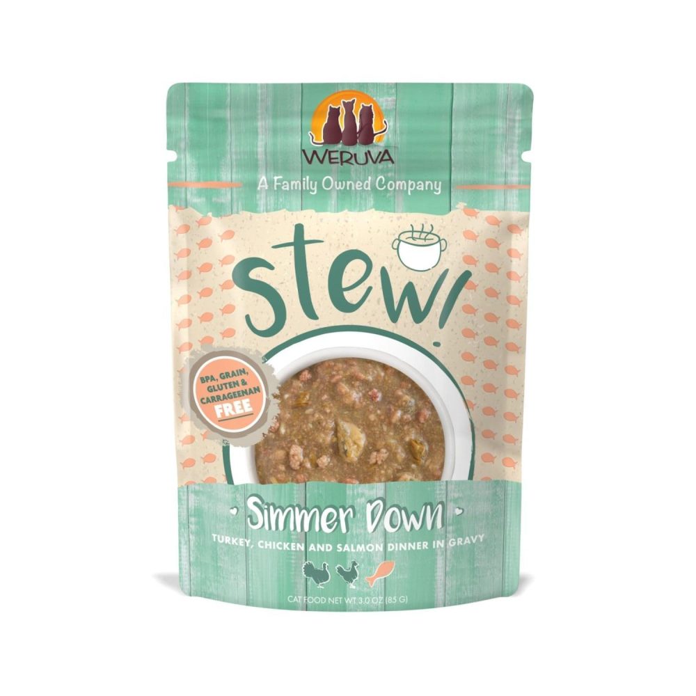 Stew! Simmer Down Turkey, Chicken & Salmon Dinner Cat Food / 3 oz – 12 pk | Wet Food Cat Cat